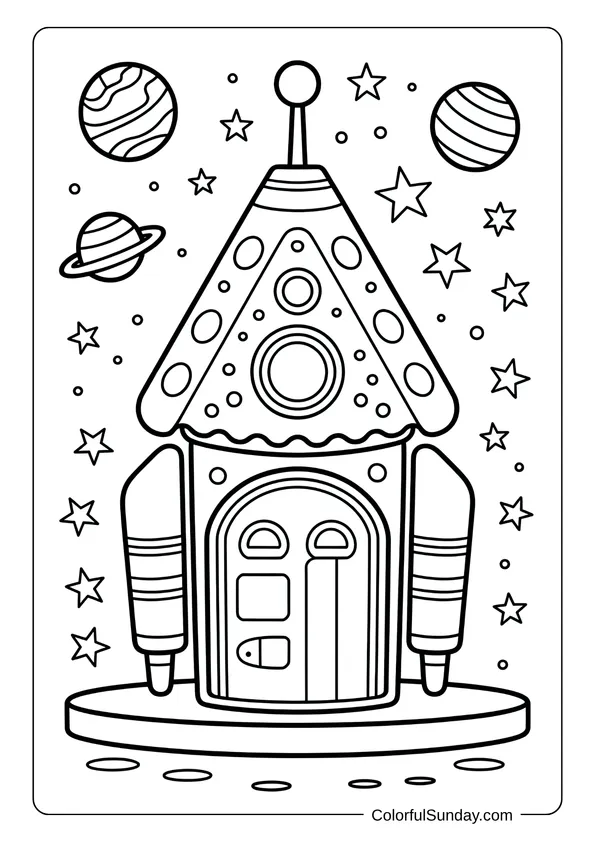 Coloring page featuring a gingerbread house shaped like a rocket flying through outer space.