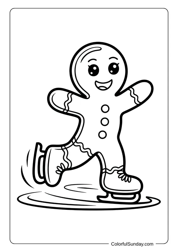 A gingerbread character glides on ice skates with a joyful smile in this winter coloring page.