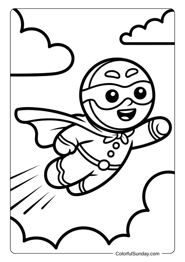 Coloring page showing a superhero gingerbread man flying high above the clouds with a cape.