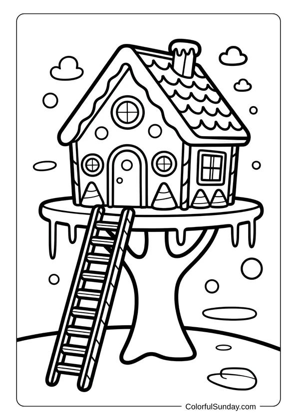 Coloring page showing a gingerbread treehouse with a candy ladder leading up to its platform.