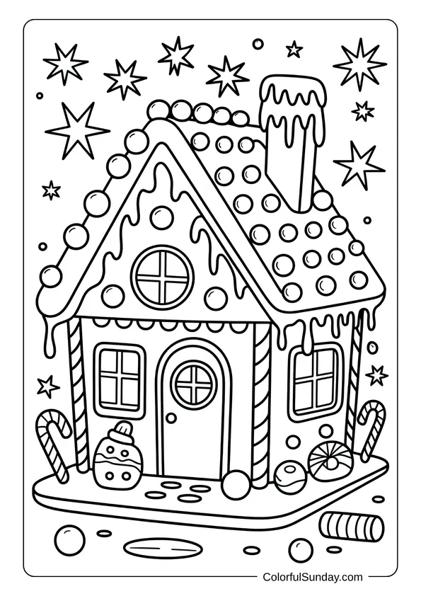 Candy-covered gingerbread house surrounded by stars and sweets in a fun Christmas coloring page.