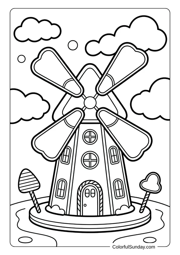Coloring page of a gingerbread windmill with four large candy blades spinning in the sky.