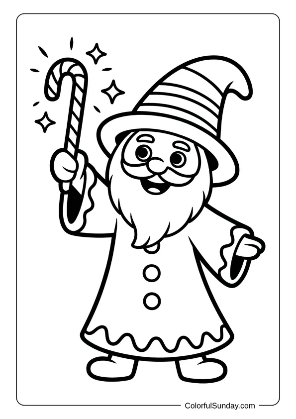 A wizard who looks like a gingerbread figure holds a candy cane wand in a fun coloring page.