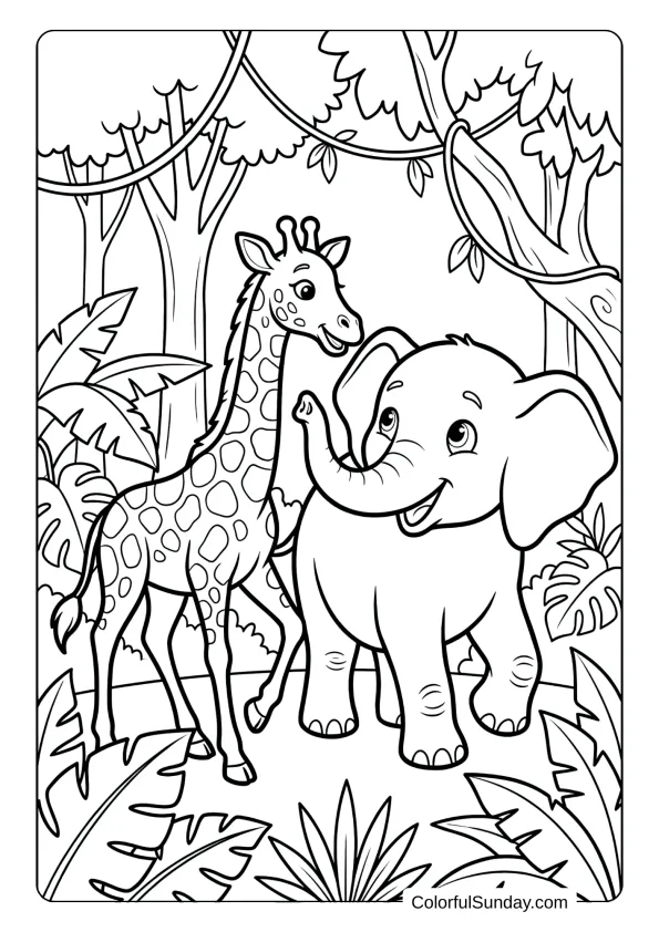 A coloring page featuring a gentle giraffe and elephant walking together as best friends through jungle.