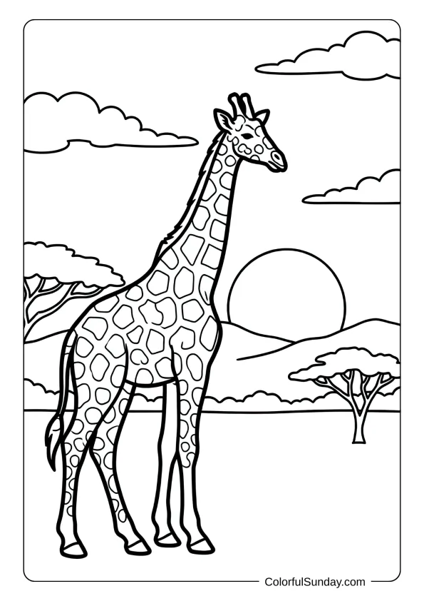 A majestic giraffe silhouette standing gracefully watching beautiful sunset over distant savanna hills coloring page.
