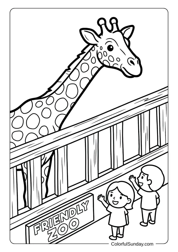 A spotted giraffe peeking over fence greeting visitors at the friendly zoo, fun coloring page.