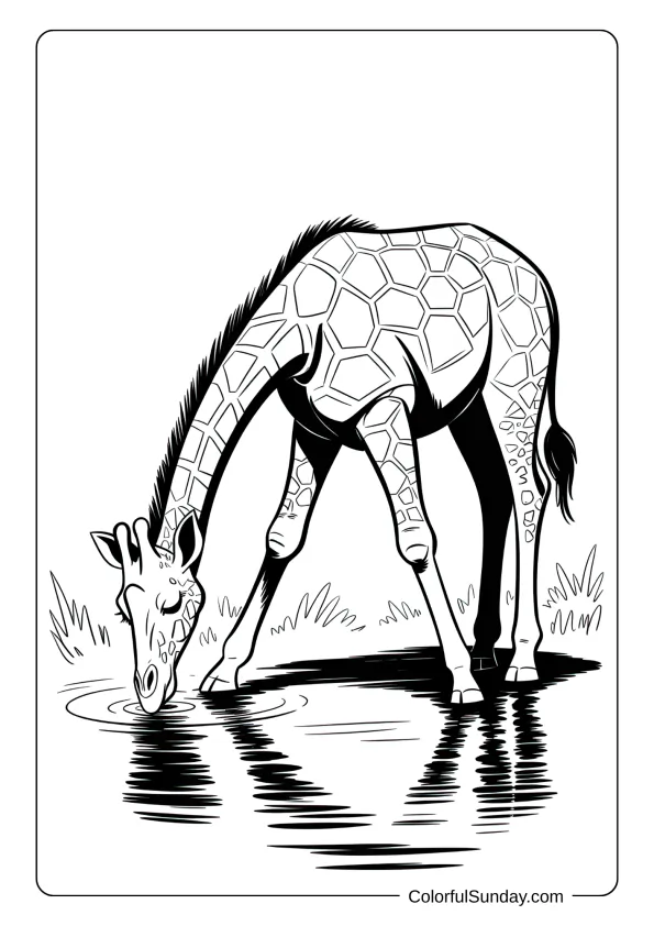 A thirsty giraffe coloring page bending down awkwardly with legs spread drinking from watering hole.