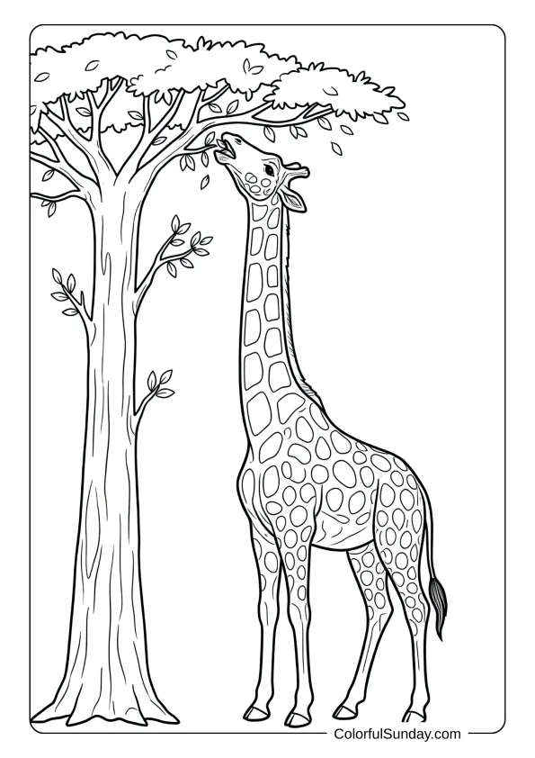 A hungry giraffe stretching its long neck to munch on treetop leaves coloring page.