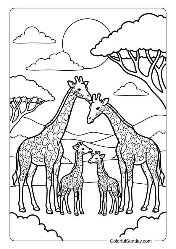 A loving giraffe family coloring picture with parents and two babies enjoying sunny day together.