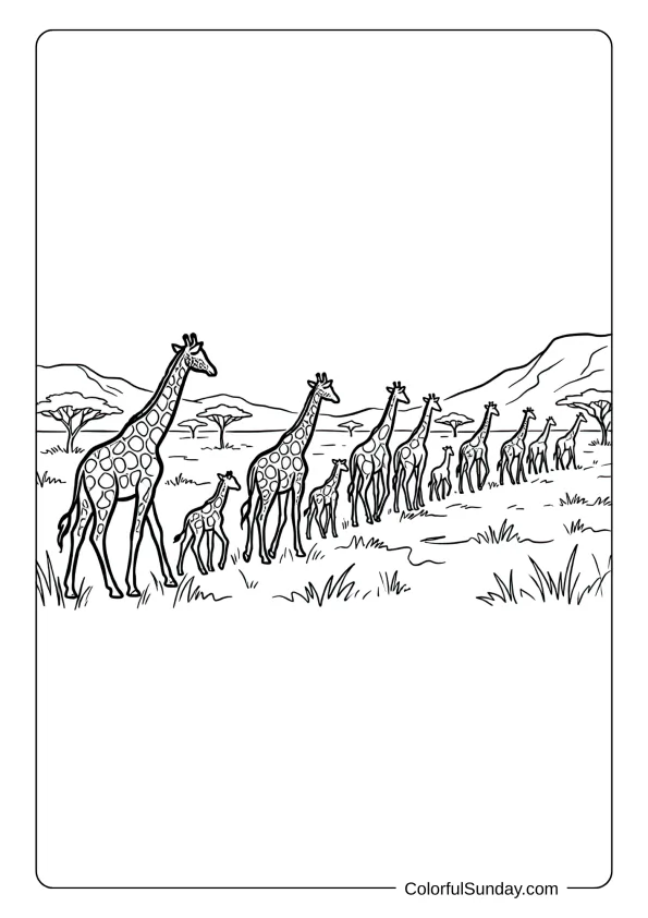 A coloring page featuring a large herd of giraffes walking together across wide savanna plains during migration.