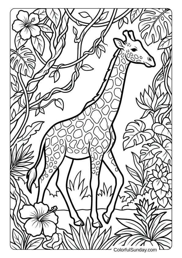 An adventurous giraffe coloring page exploring dense jungle filled with vines flowers and exotic plants.