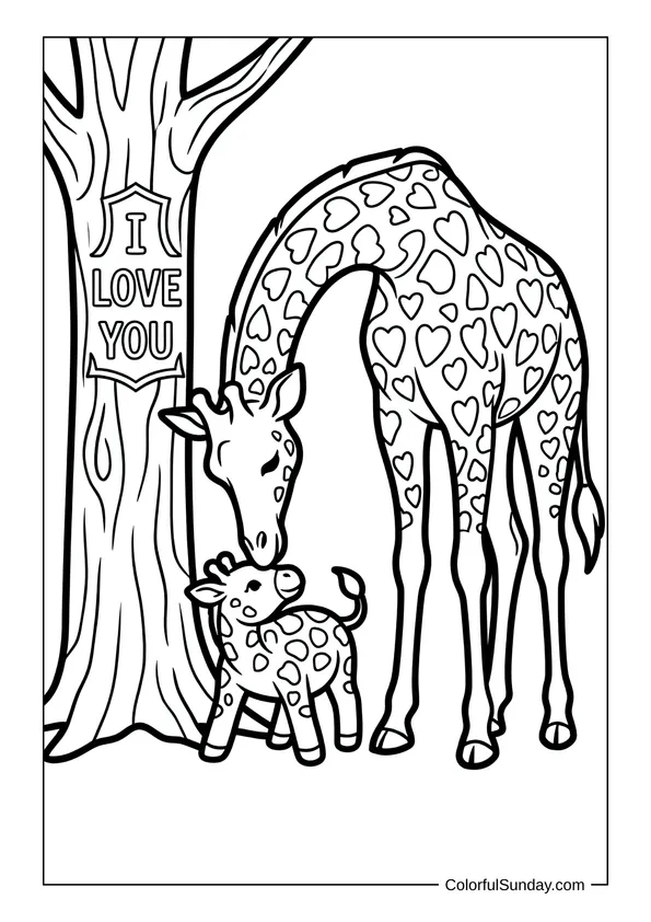 Giraffe nuzzling its companion under a tree with I love you carved in a coloring page.
