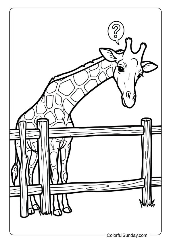 A coloring page of a curious giraffe stretching neck high over wooden fence to see what happens.