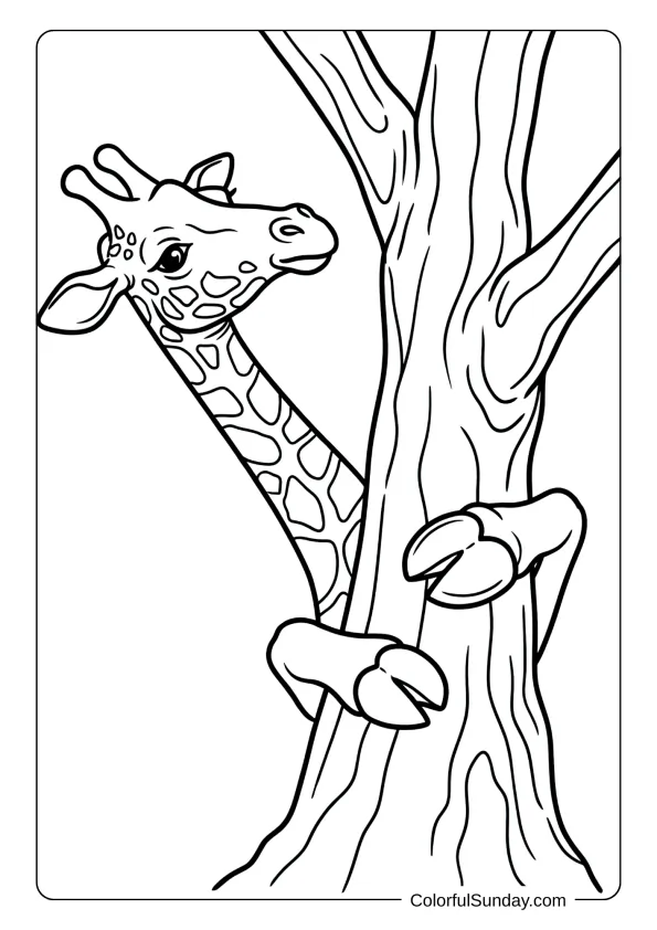 A playful giraffe peeking from behind large tree trunk playing hide and seek coloring page.