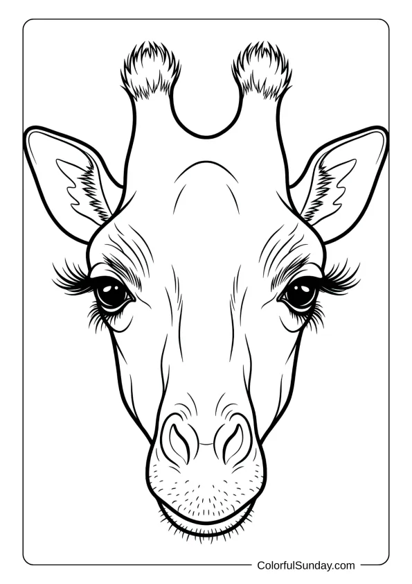 A detailed close-up portrait coloring page showing giraffe face with gentle eyes and long eyelashes.