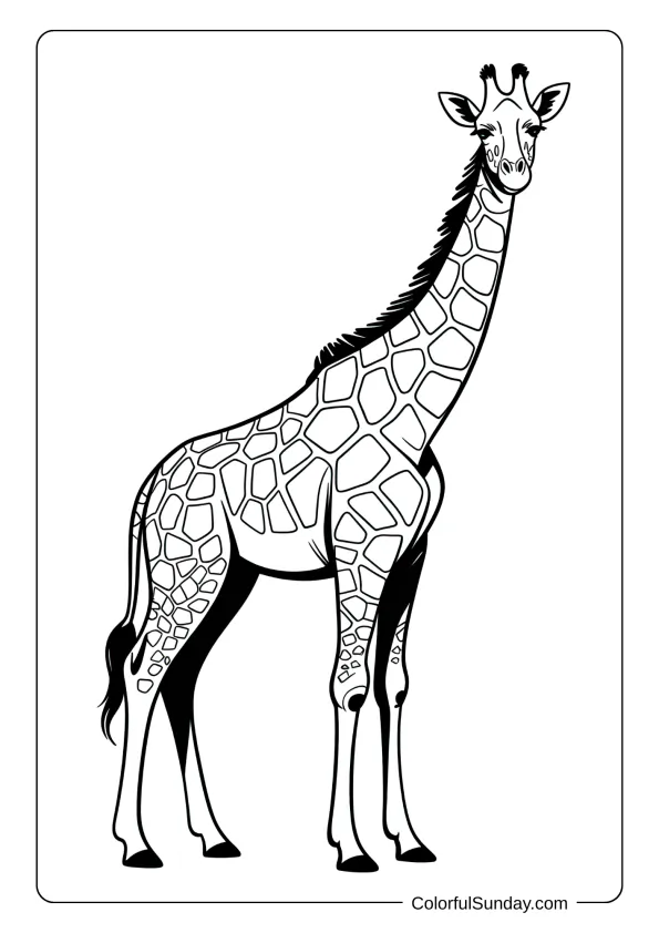 A coloring page showcasing a stylized giraffe with beautiful unique spot patterns across entire tall body frame.