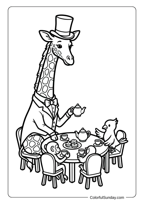A fancy giraffe hosting tea party with tiny cups and treats for friends, charming coloring page.