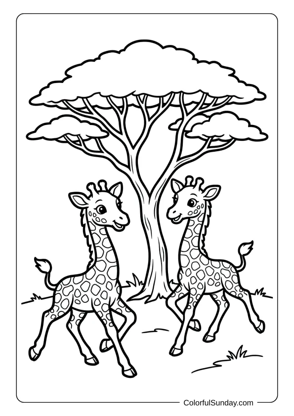Two identical twin baby giraffes playing together chasing each other around acacia tree, adorable coloring page for kids.