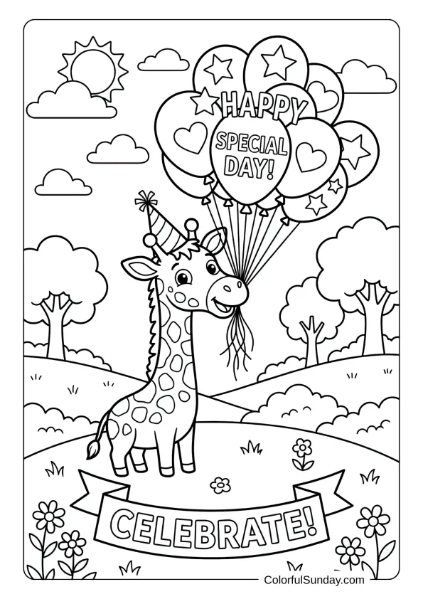 A happy giraffe holding bunch of party balloons celebrating special day, delightful coloring page for kids.