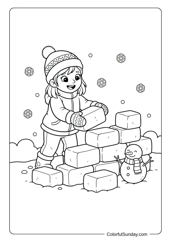 A coloring page of a girl wearing mittens building a snow fort.
