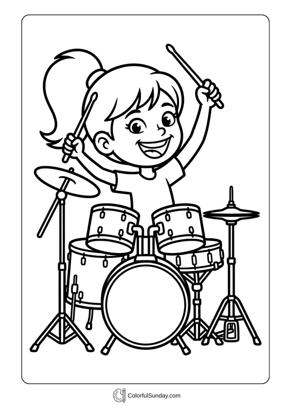 Enthusiastic girl with ponytail playing drum set coloring page with big smile and energetic pose