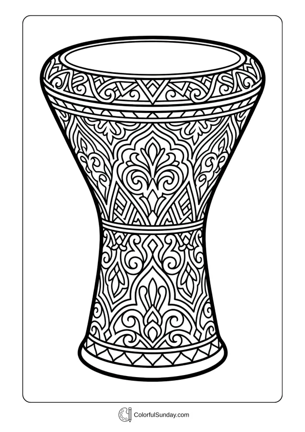 Ornate goblet-shaped drum with decorative carved patterns coloring page along the ceramic or wood body