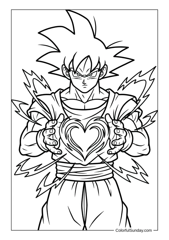 Goku holding heart symbol in a coloring page