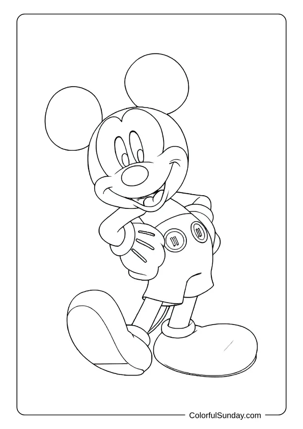 Classic good old Mickey Mouse standing with a playful pose in this nostalgic coloring page.