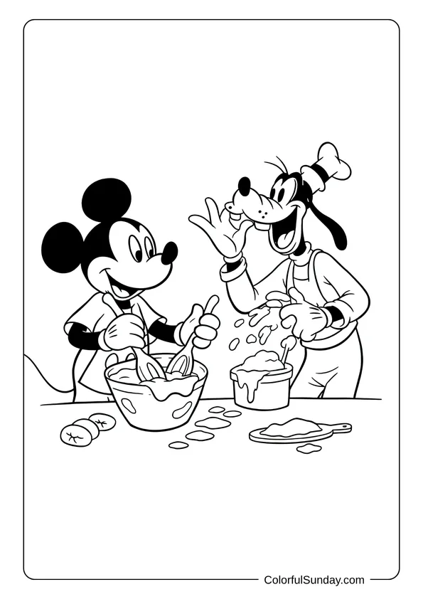 Pikachu From Pokemon Coloring Page Mickey Mouse and Goofy laugh together while baking in this kitchen coloring page.