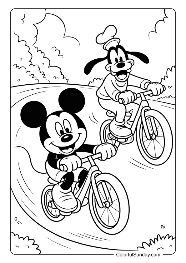 Pikachu From Pokemon Coloring Page Mickey Mouse and Goofy riding bicycles down a path in a joyful outdoor coloring page.