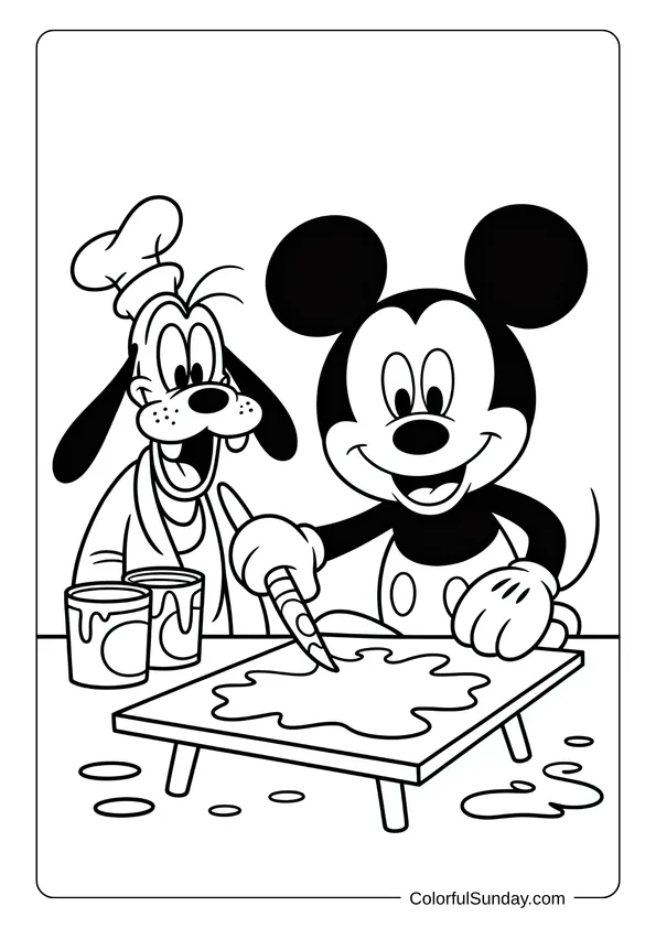 Pikachu From Pokemon Coloring Page Mickey Mouse and Goofy laugh together while painting with brushes and paint buckets in this coloring page.