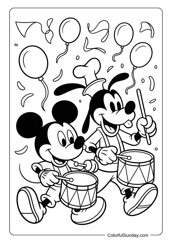 Pikachu From Pokemon Coloring Page Mickey Mouse and Goofy marching in a parade while playing drums appear in a festive coloring page.
