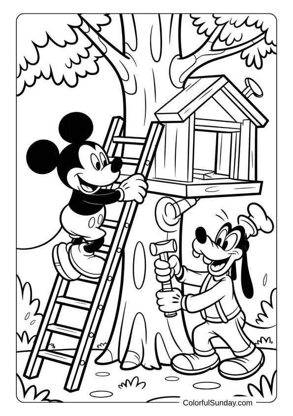 Pokemon Badges And Logo Coloring Page Mickey Mouse climbs a ladder while Goofy builds a treehouse in this outdoor coloring page.