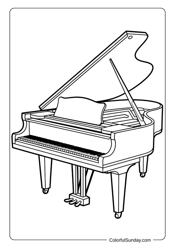 Pokemon Badges And Logo Coloring Page Grand concert piano with open lid and detailed keys, illustrated as a coloring page.
