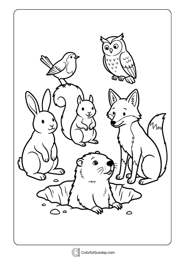 Woodland creatures gather around groundhog coloring page waiting for Groundhog Day prediction