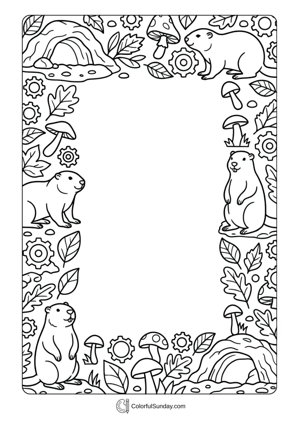 Decorative border frame featuring groundhogs in a customizable Groundhog Day coloring picture