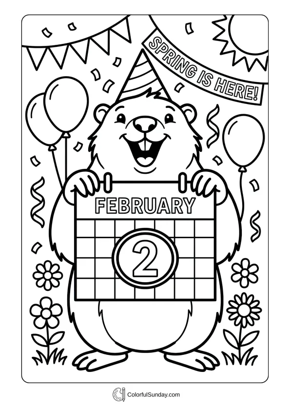 Groundhog holds February calendar marking the date in an excited Groundhog Day coloring picture