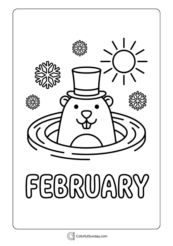 A groundhog day coloring page showing a cheerful groundhog peeking from burrow surrounded by February snowflakes coloring page