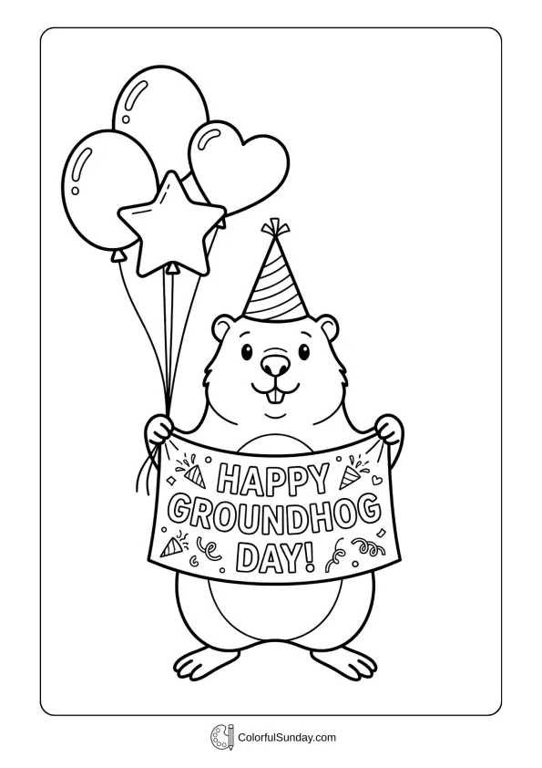 Groundhog wearing party hat celebrates with balloons in a festive Groundhog Day coloring picture