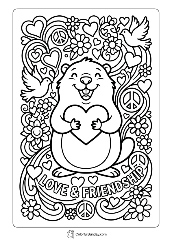 Sweet groundhog holding heart with love symbols in a charming Groundhog Day coloring page