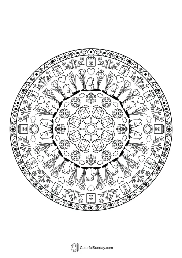 Intricate mandala design featuring groundhogs in a beautiful Groundhog Day coloring picture for relaxation