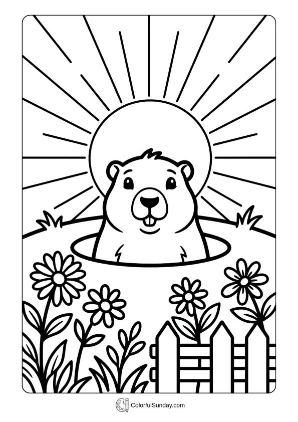 Groundhog emerges at dawn with beautiful sunrise rays in a peaceful Groundhog Day coloring picture