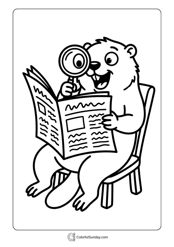 Groundhog reading newspaper with magnifying glass in this fun Groundhog Day coloring picture