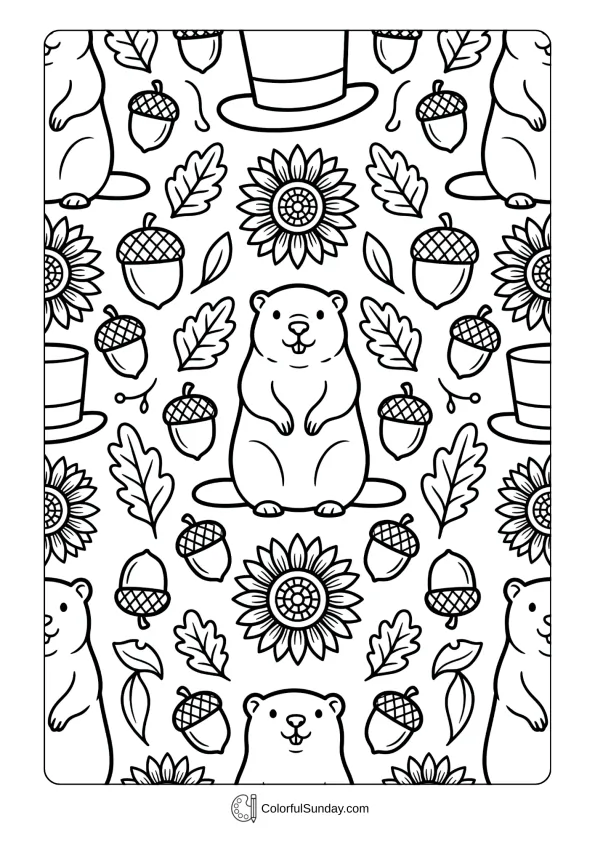 Fun repeating patterns featuring groundhogs in a creative Groundhog Day coloring picture for kids