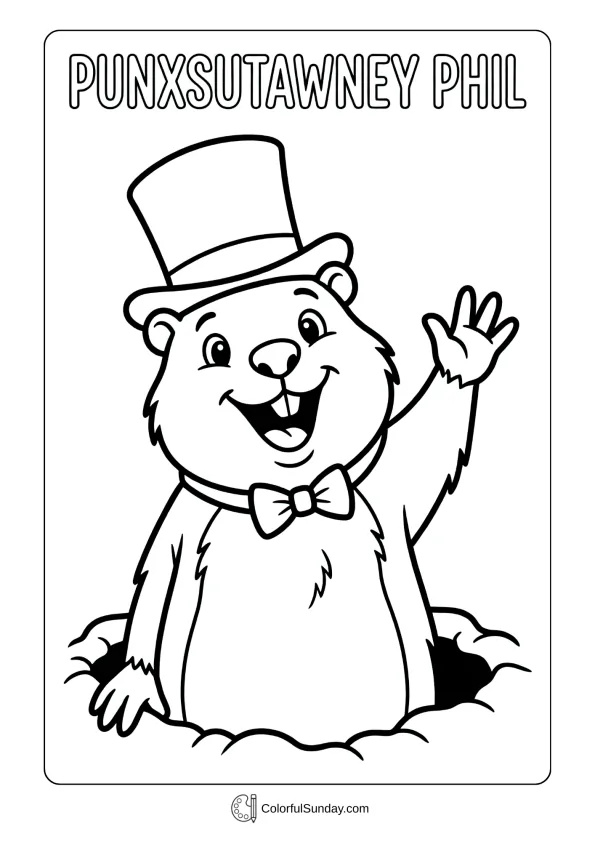 Famous Punxsutawney Phil groundhog wearing top hat in a special Groundhog Day coloring page