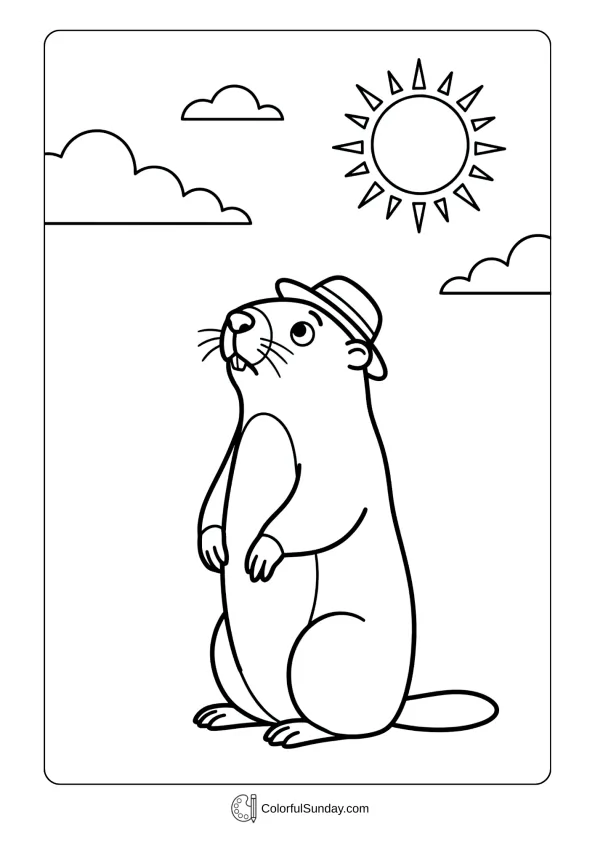 Groundhog looks up at sky with sun and clouds in a weather prediction Groundhog Day coloring page