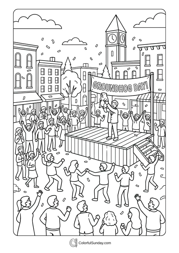 Town square celebration with groundhog making appearance in a festive Groundhog Day coloring picture