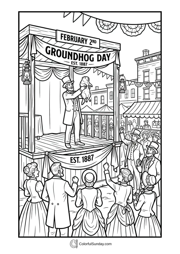 Historical scene depicting first celebration with vintage decorations in a traditional Groundhog Day coloring page