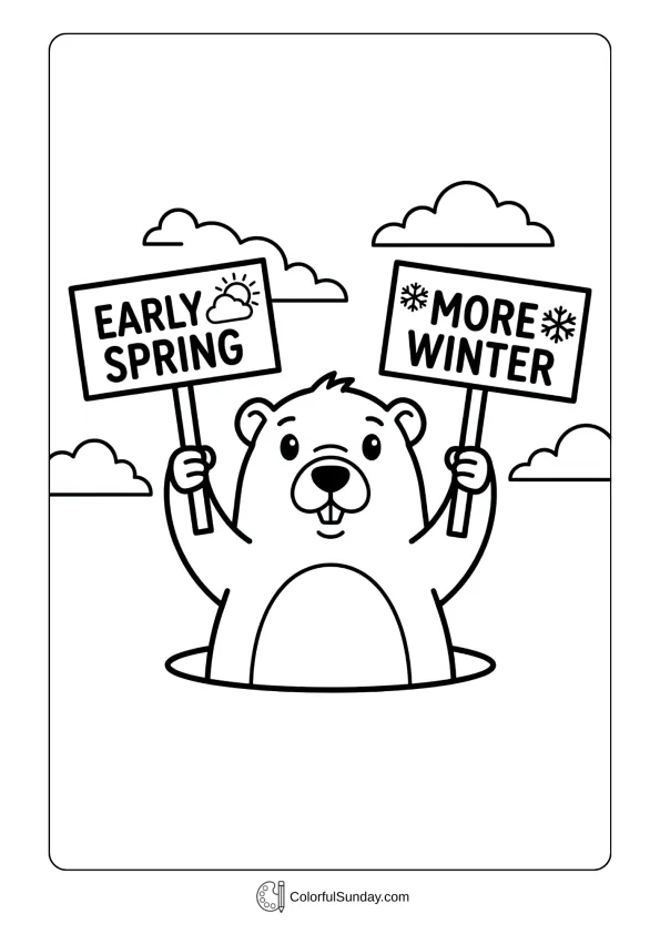 Groundhog peeks out holding weather forecast signs in a fun Groundhog Day coloring page surrounded by clouds