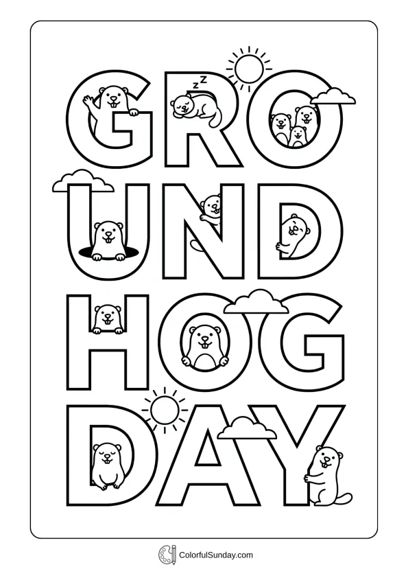 Creative typography design spelling Groundhog Day with decorative illustrations in an artistic coloring page